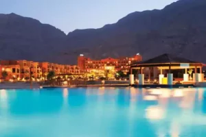Panoramic view of pool and Mountain in Ein Sokhna hotels. A city is near cairo.