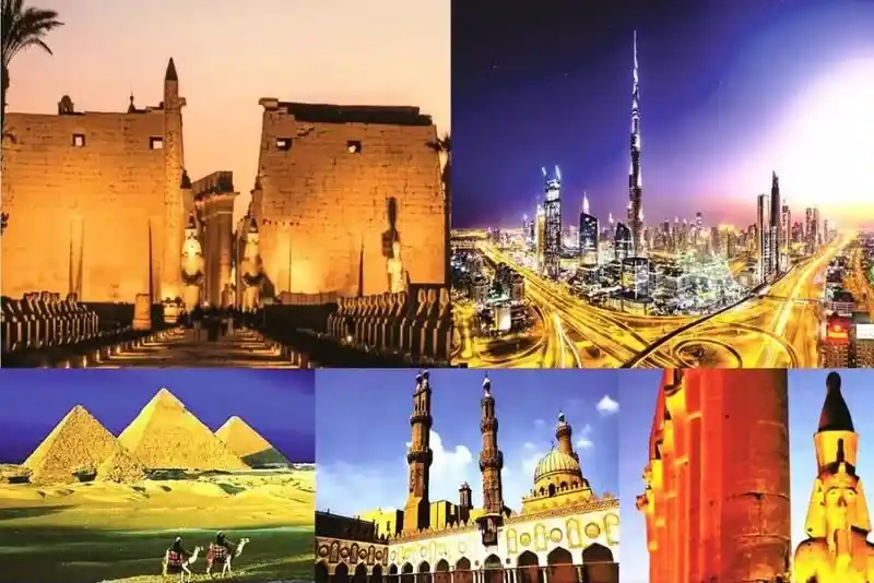 Temple of luxor, panoramic view of the majestic city Dubai, three pyramids of Giza and islamic mosque in Cairo