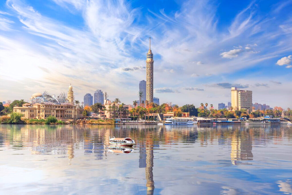 Scenic view of Cairo Tower and Nile river. Visit Egypt
