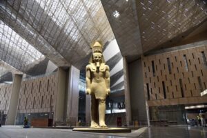 The colossal statue of Ramesses II in the entrance of the new grand museum.