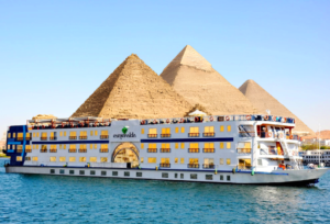 Panoramic view of nile cruise in Egypt and pyramids. Tour package Marsa Alam
