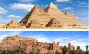 The great pyramids of Giza in Egypt and Ait Ben Haddou in Morocco.